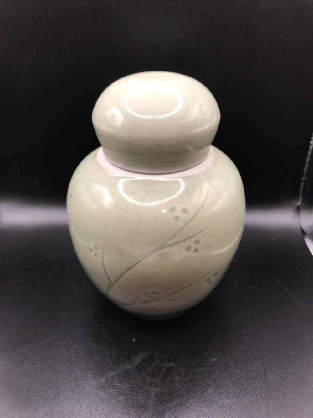 Artisan Celadon Green Lidded Ginger Jar Cut In Pottery Design Signed